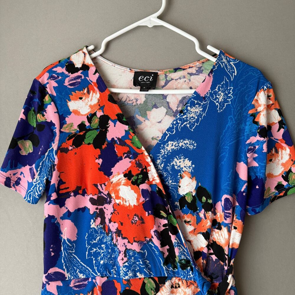 ECI Floral Print Wrap Dress Size S Blue‎ Orange - Picture 2 of 8